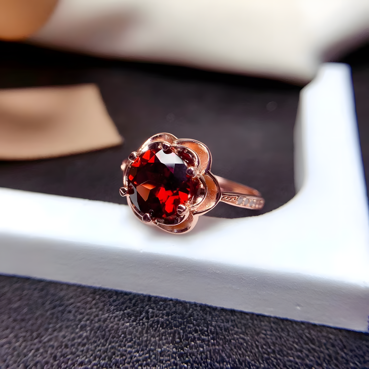 Faceted Garnet Rose Golden Color S925 Silver Ring Rose Shape Design
