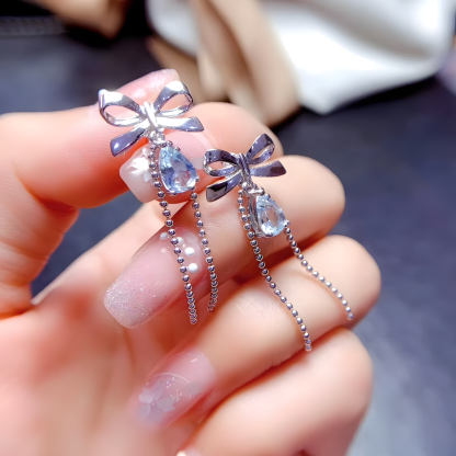 Water Drop Aquamarine S925 Silver Earrings Bow Tie Design