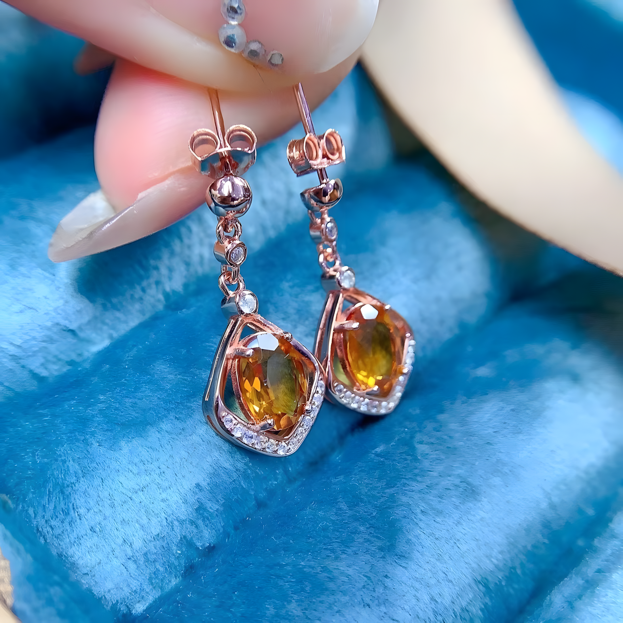 Dangling diamond Faced Oval Citrine S925 Silver Earrings