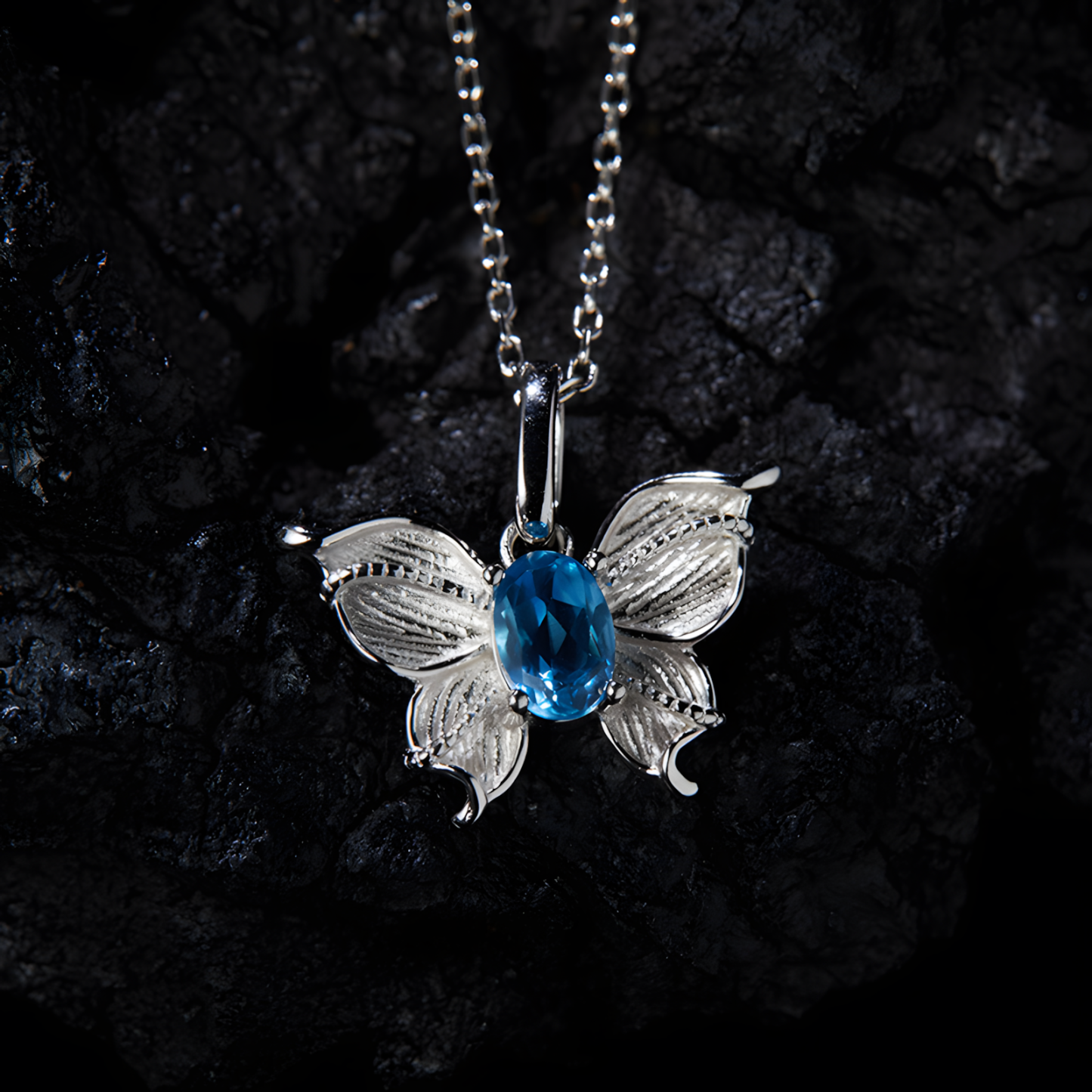 Faceted Oval Blue Topaz S925 Silver Necklace Double Layer Three-dimensional Butterfly Desige