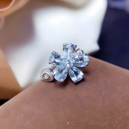 Aquamarine S925 Silver Ring Flower Design