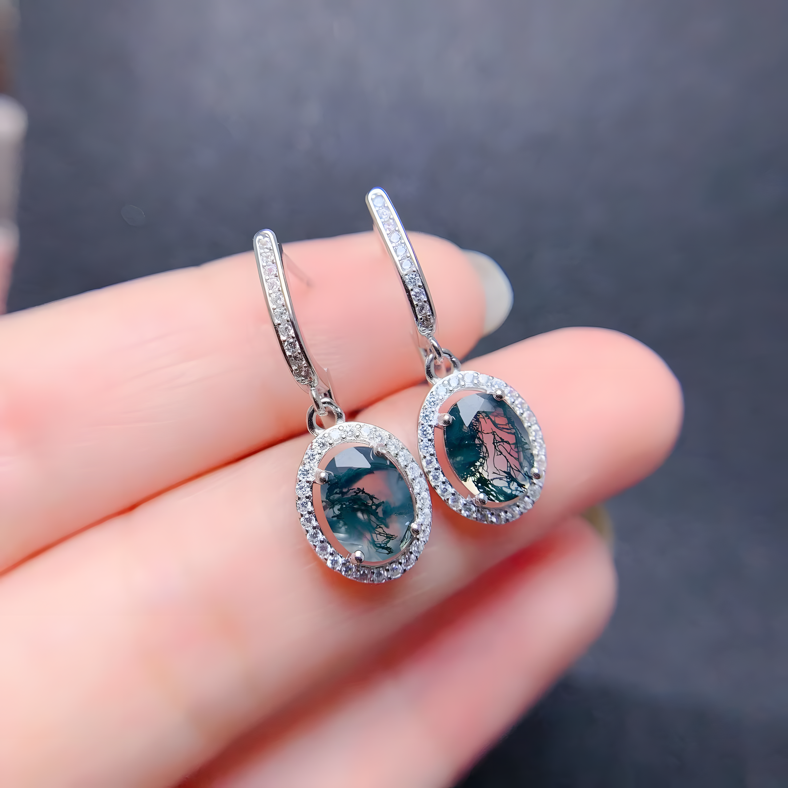 Oval Moss Agate S925 Silver Earrings Four Claws Design