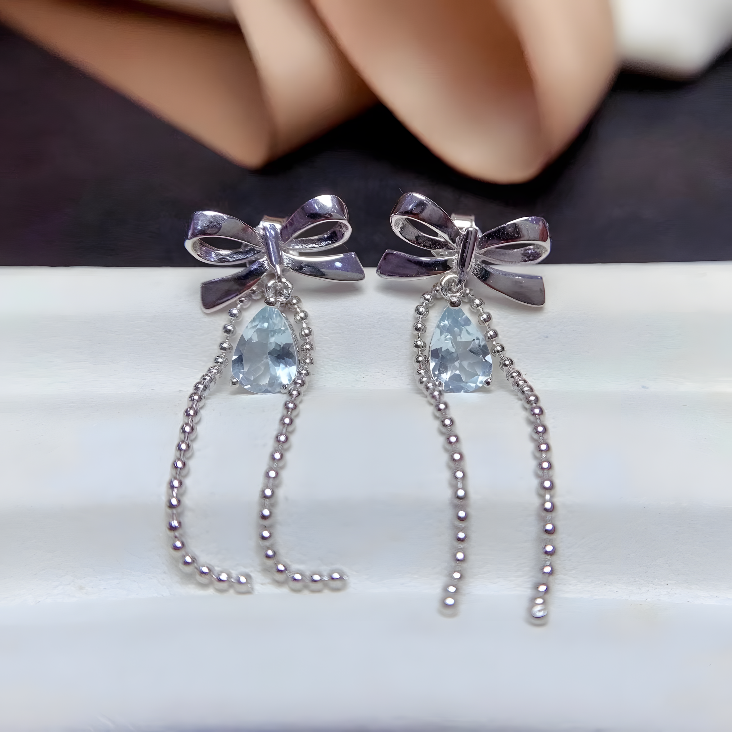 Water Drop Aquamarine S925 Silver Earrings Bow Tie Design