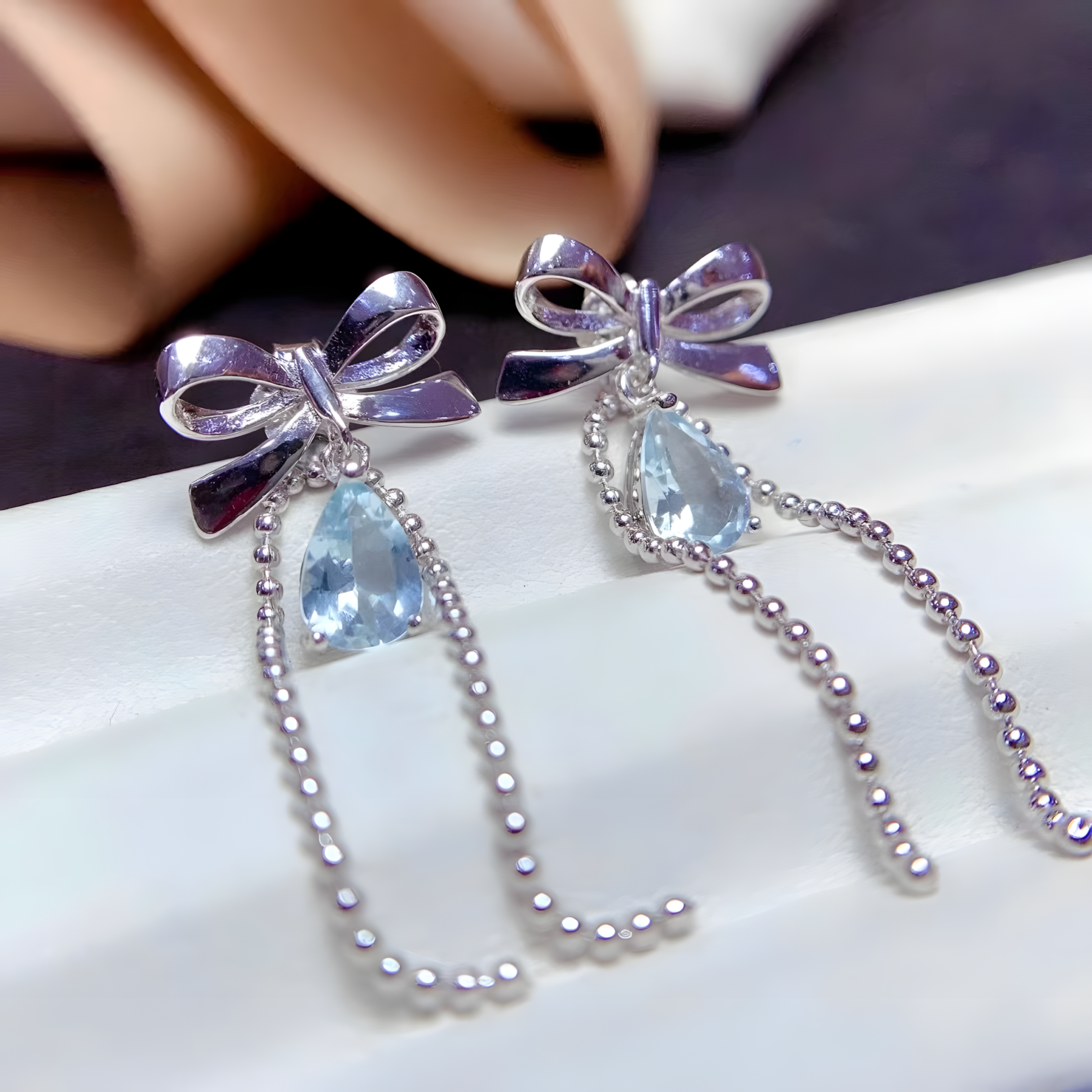 Water Drop Aquamarine S925 Silver Earrings Bow Tie Design