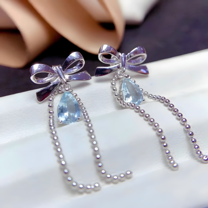 Water Drop Aquamarine S925 Silver Earrings Bow Tie Design