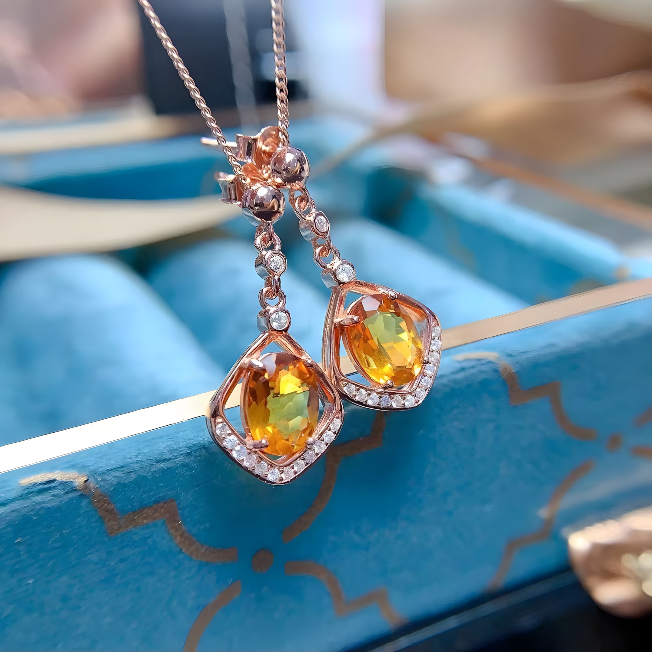 Dangling diamond Faced Oval Citrine S925 Silver Earrings