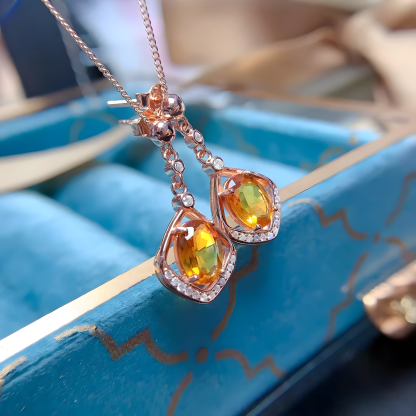 Dangling diamond Faced Oval Citrine S925 Silver Earrings