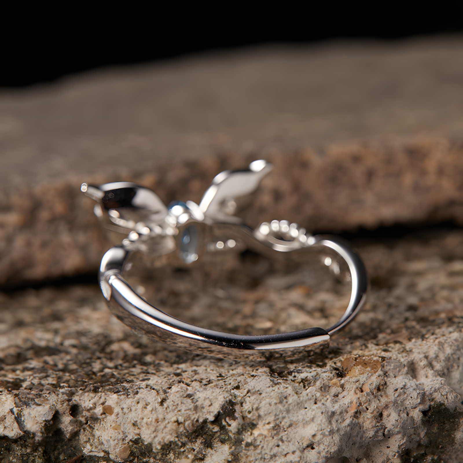 Faceted Oval Blue Topaz S925 Silver Ring Double Layer Three-dimensional Butterfly Design