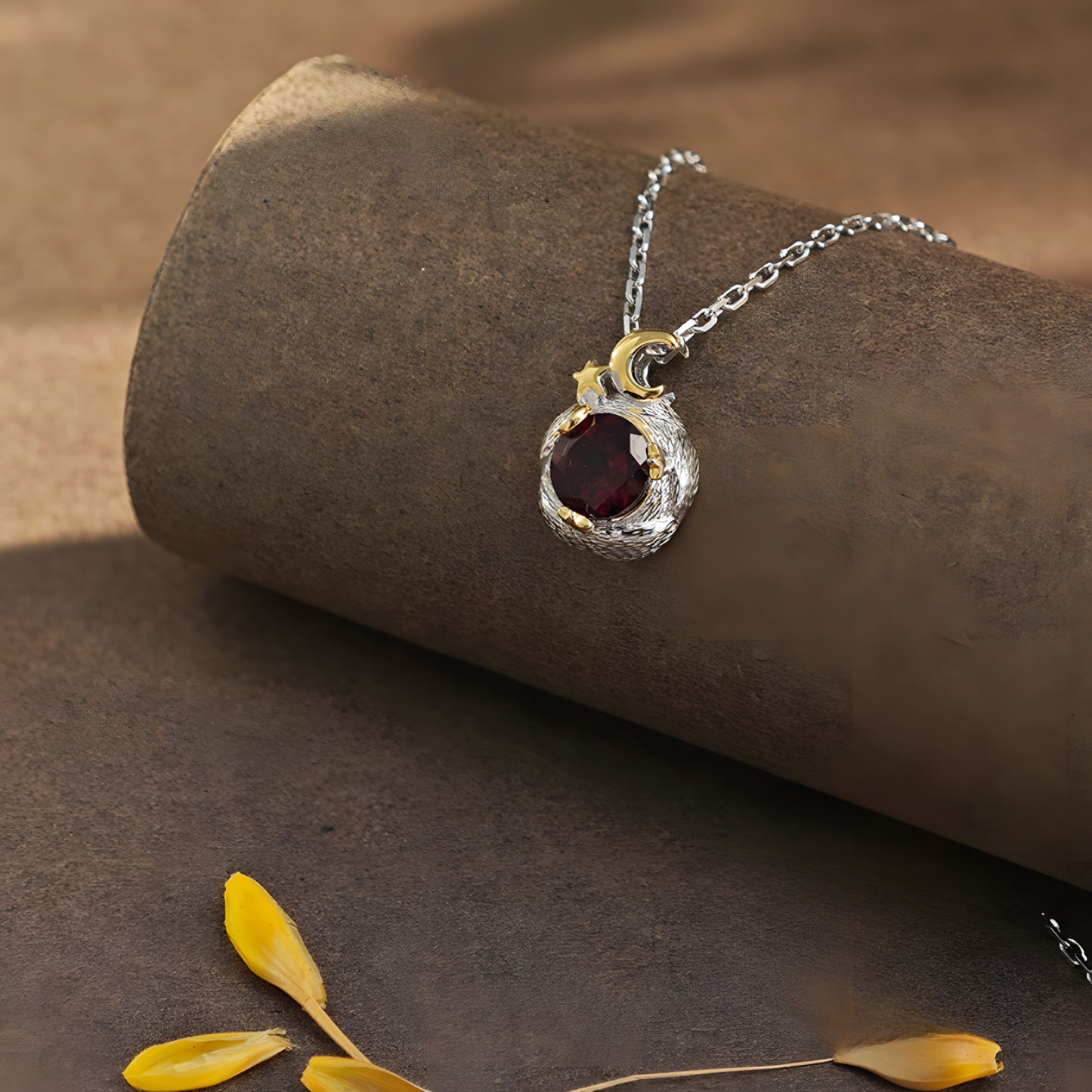 Faceted Garnet S925 Sliver Pendent Surrounded By The Stars And The Moon