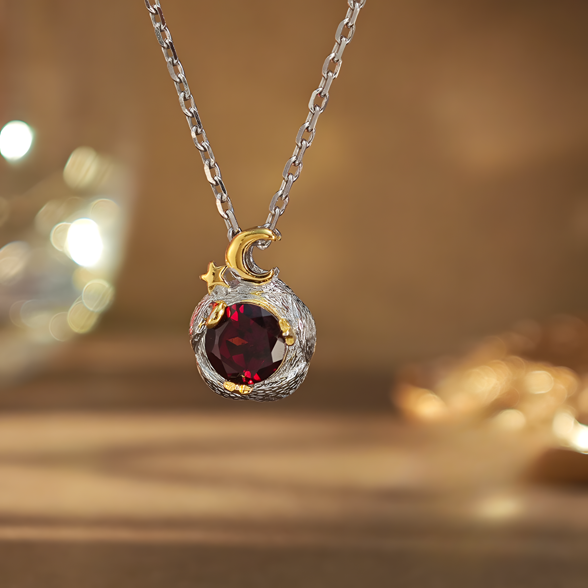 Faceted Garnet S925 Sliver Pendent Surrounded By The Stars And The Moon