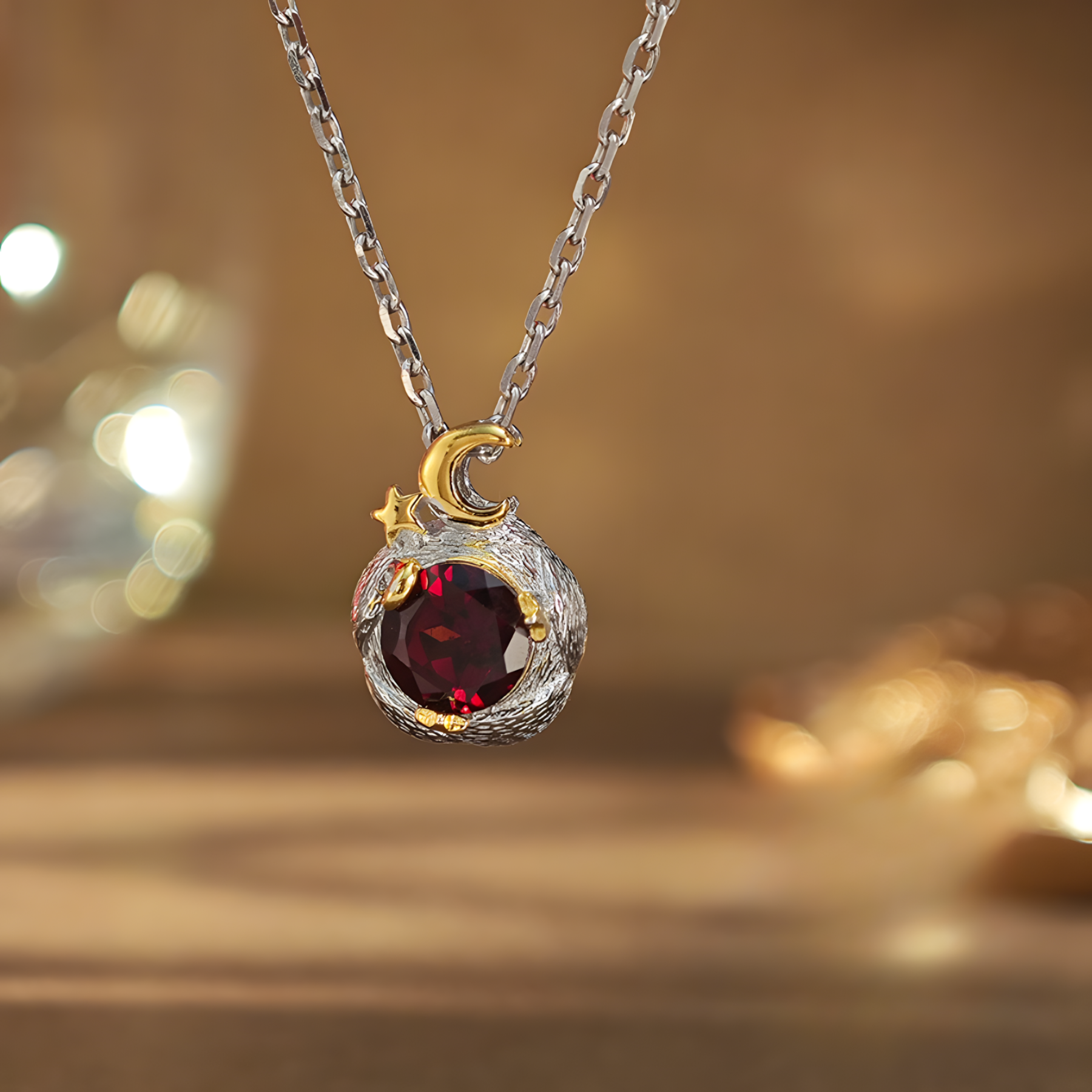 Faceted Garnet S925 Sliver Pendent Surrounded By The Stars And The Moon