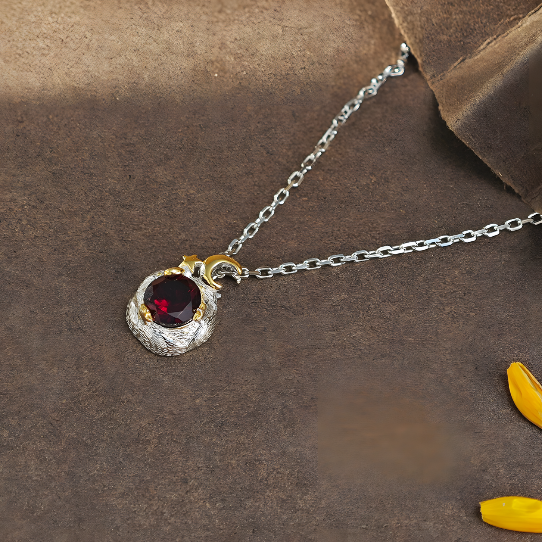 Faceted Garnet S925 Sliver Pendent Surrounded By The Stars And The Moon