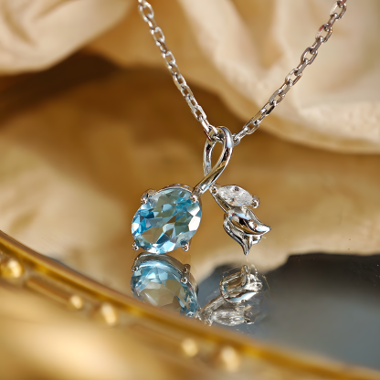 Faceted Oval Blue Topaz S925 Silver Pendent Tulip Shape Design
