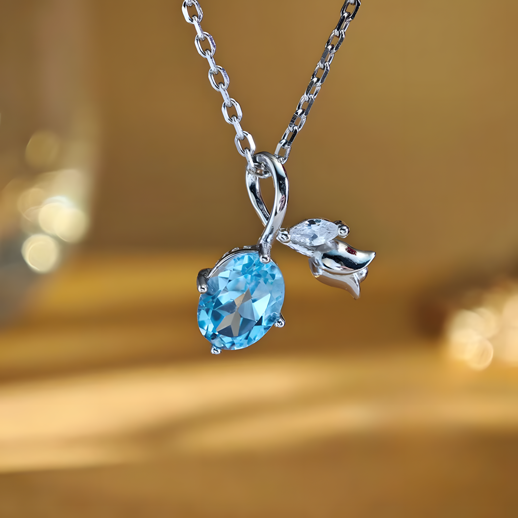 Faceted Oval Blue Topaz S925 Silver Pendent Tulip Shape Design