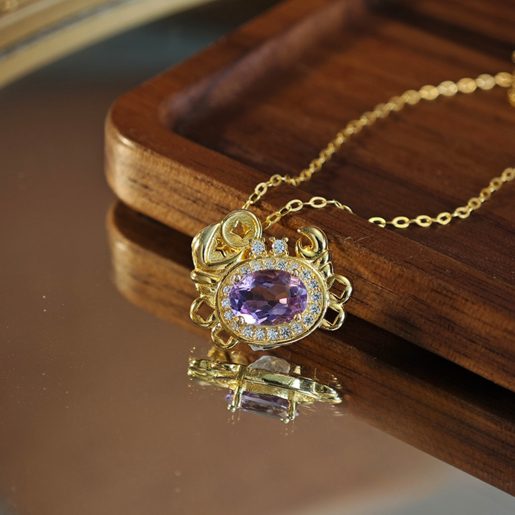 Faceted Oval Amethyst S925 Silver Pendent Crab Shape Design