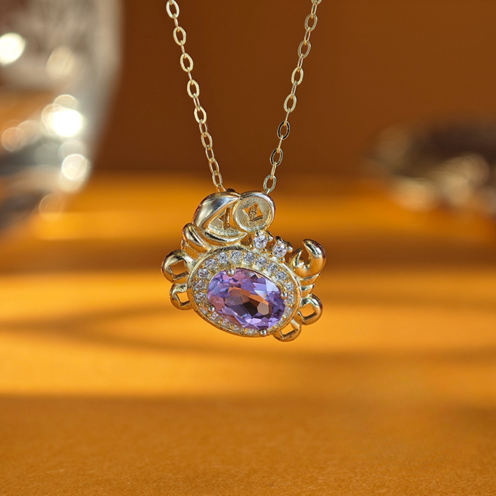Faceted Oval Amethyst S925 Silver Pendent Crab Shape Design