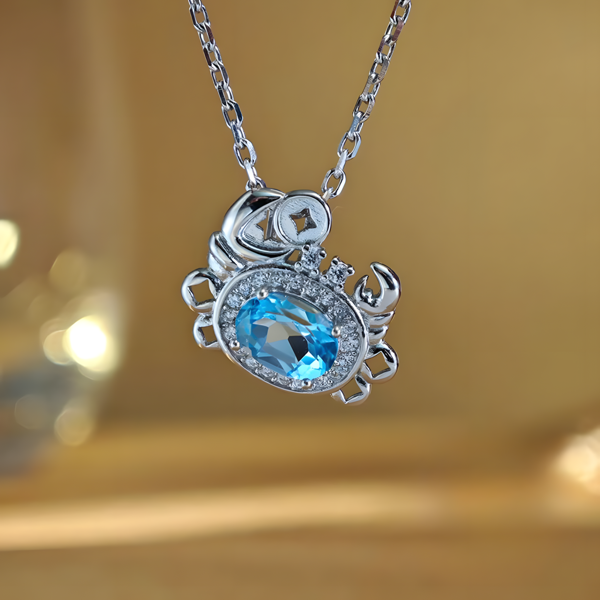 Faceted Oval Blue Topaz S925 Silver Pendent Crab Shape Design