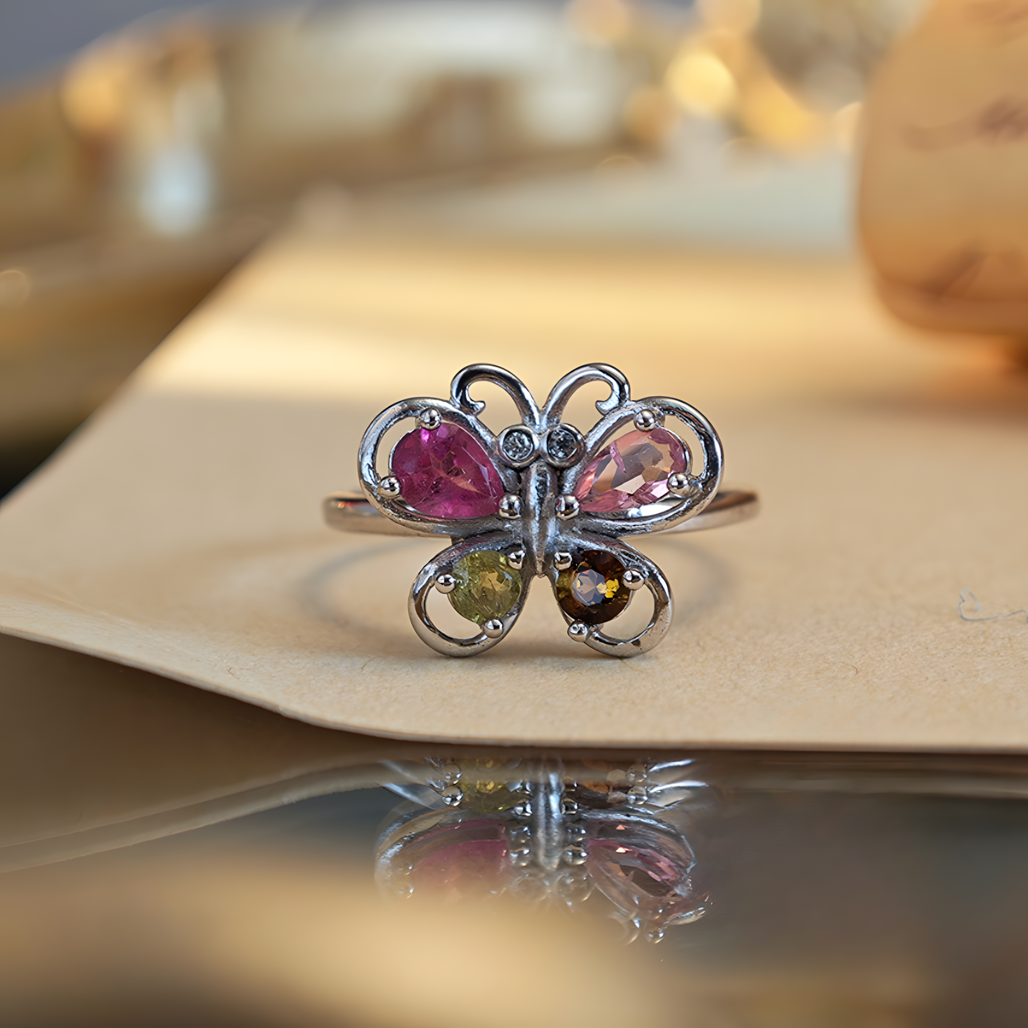 Tourmaline S925 Sliver Ring With 3D Butterfly Design