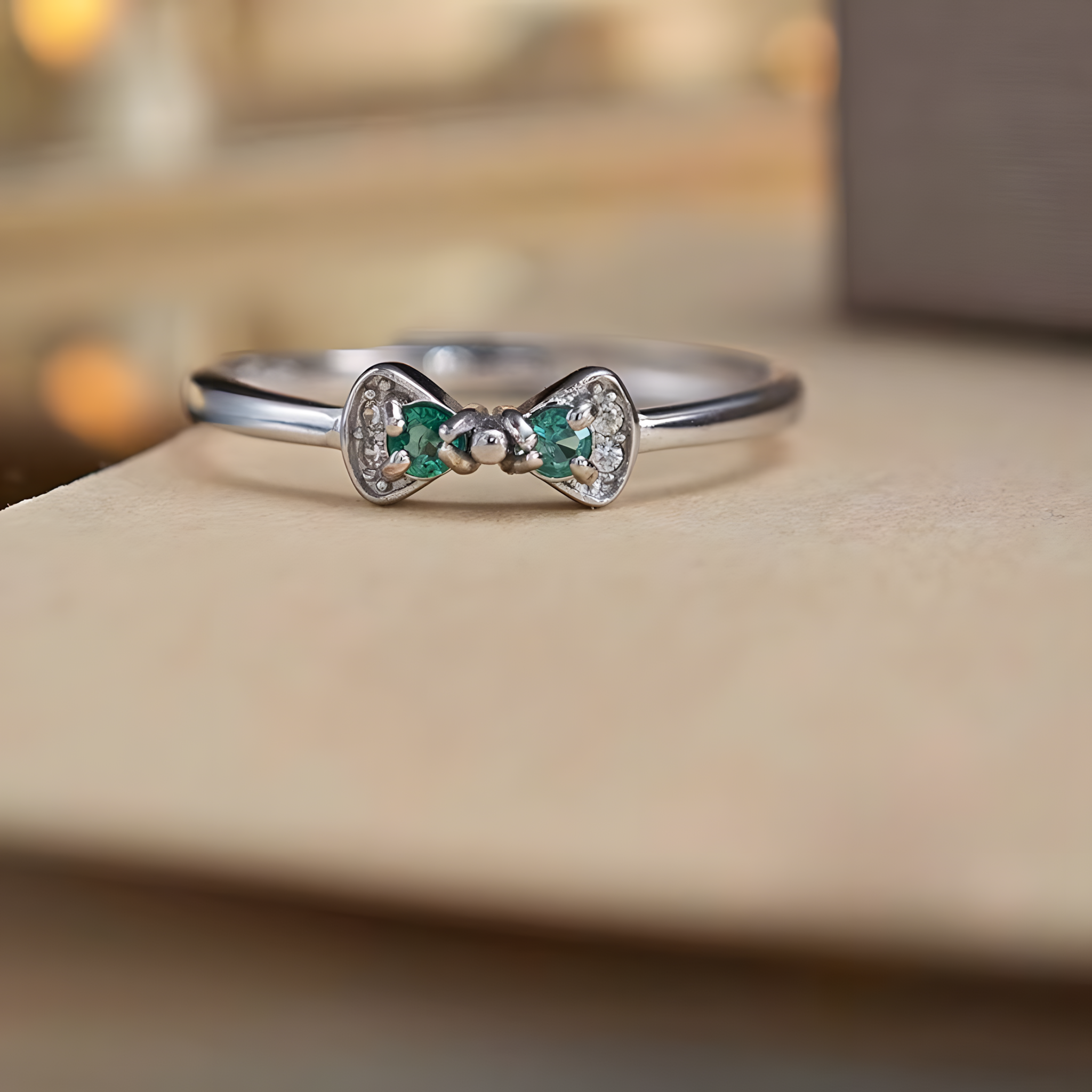 Green Emerald S925 Silver Ring Bow-knot Design