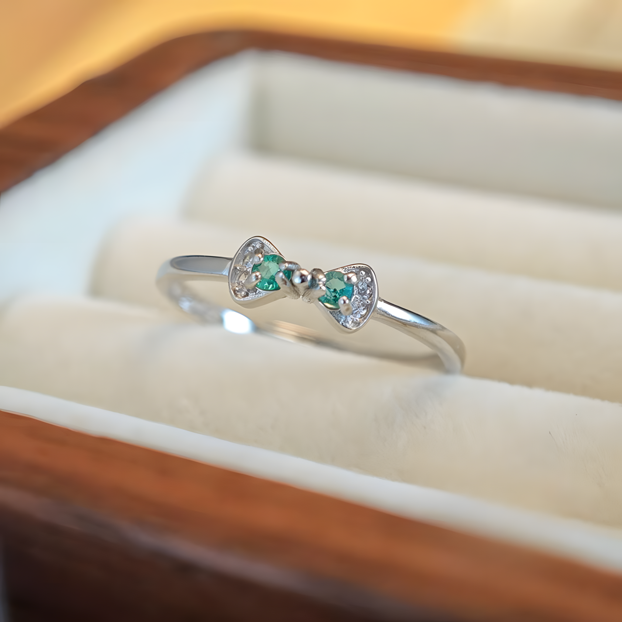 Green Emerald S925 Silver Ring Bow-knot Design