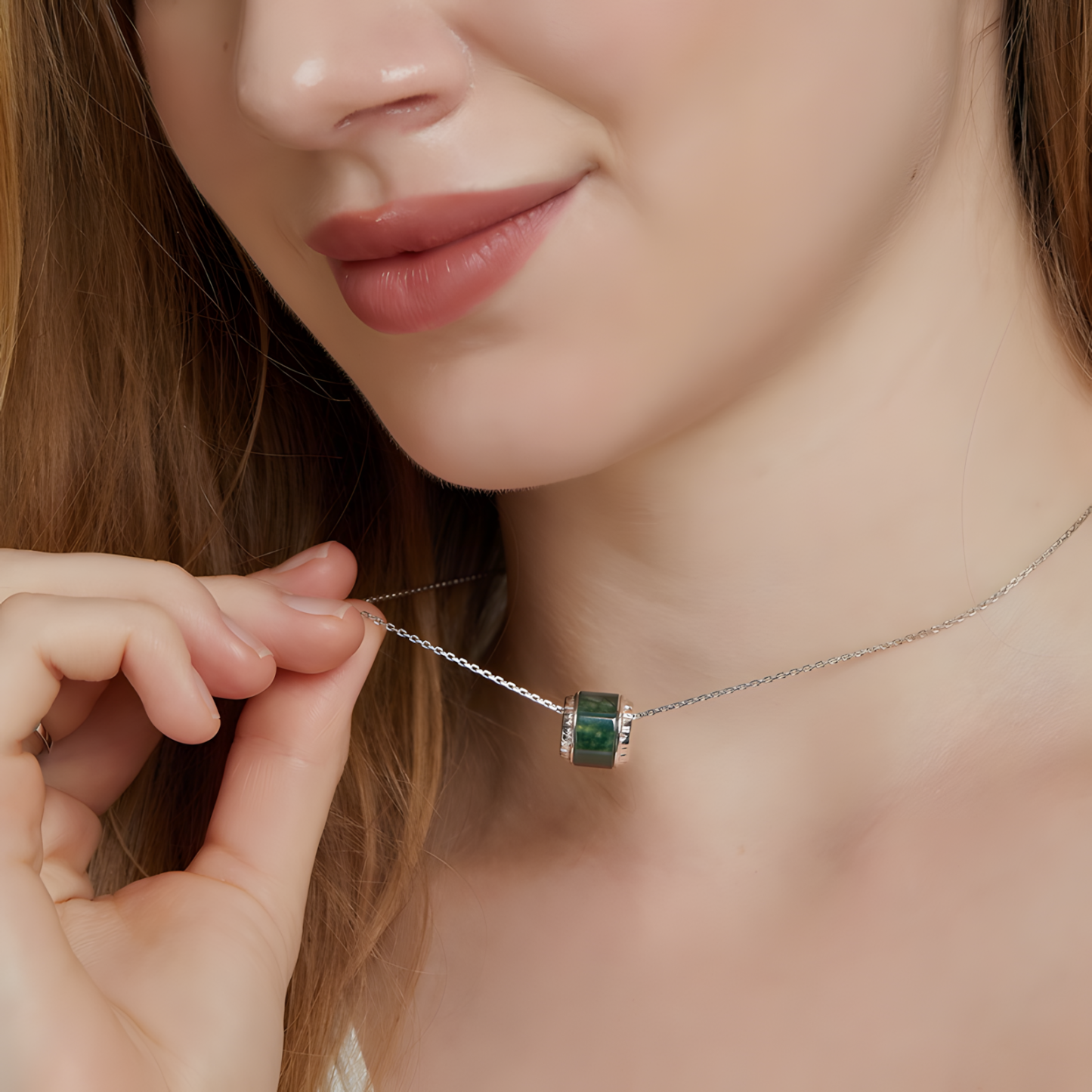 Moss Agate S925 Silver Necklace Running Loop Design 