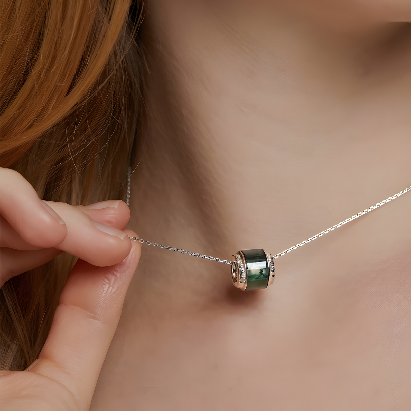 Moss Agate S925 Silver Necklace Running Loop Design 