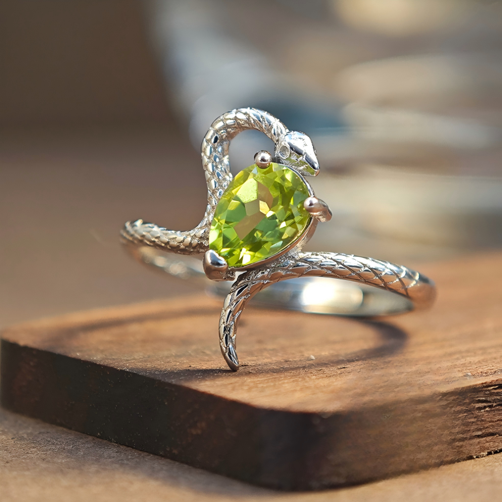 S925 Silver 3D Snake Peridot Ring