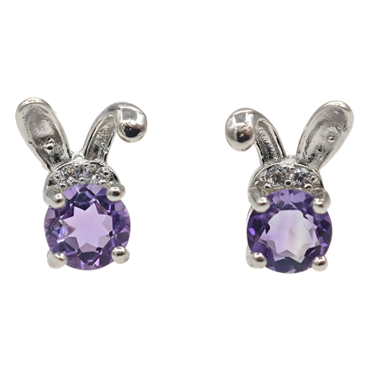 Round Faceted Amethyst S925 Silver Earrings Bunny Ears Design