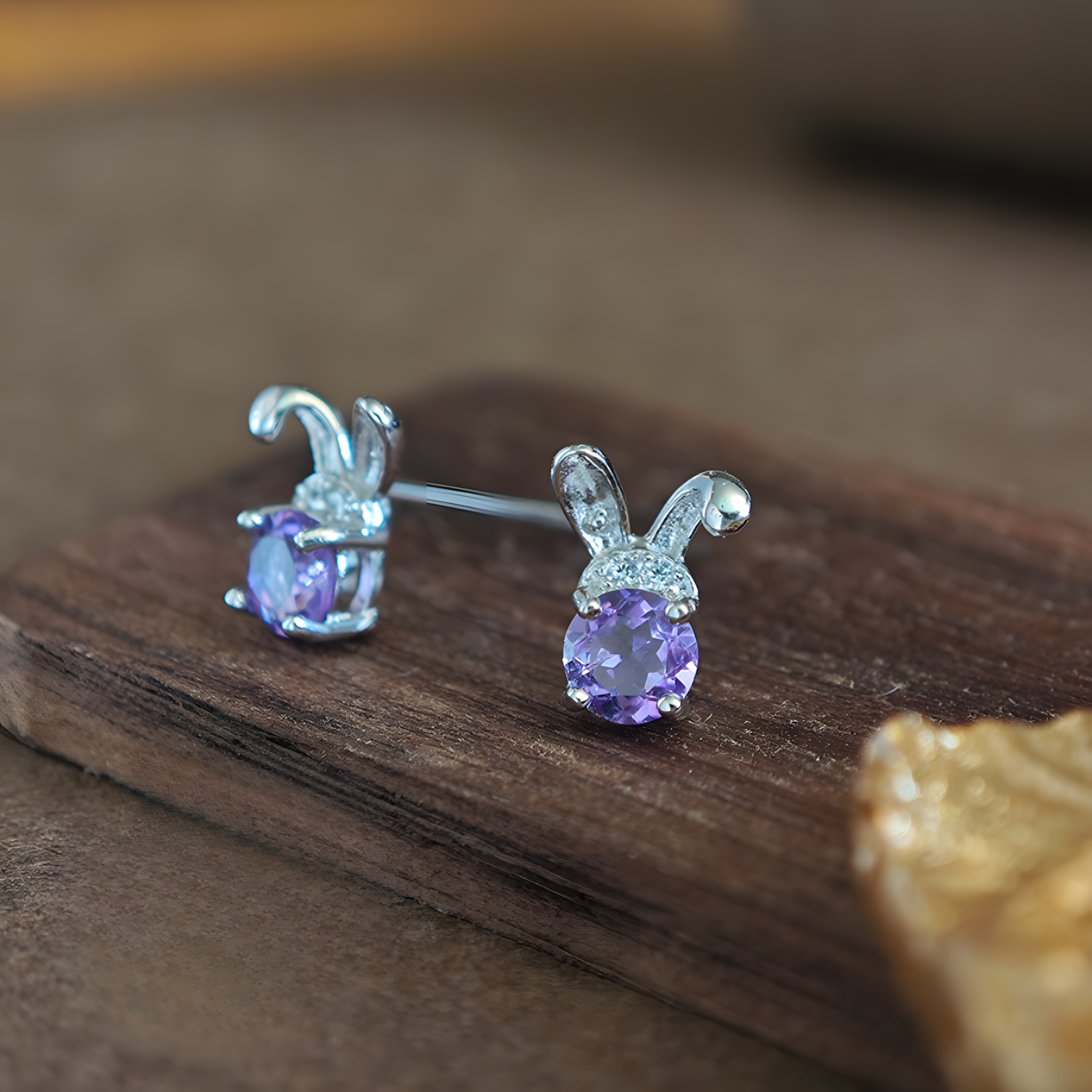 Round Faceted Amethyst S925 Silver Earrings Bunny Ears Design