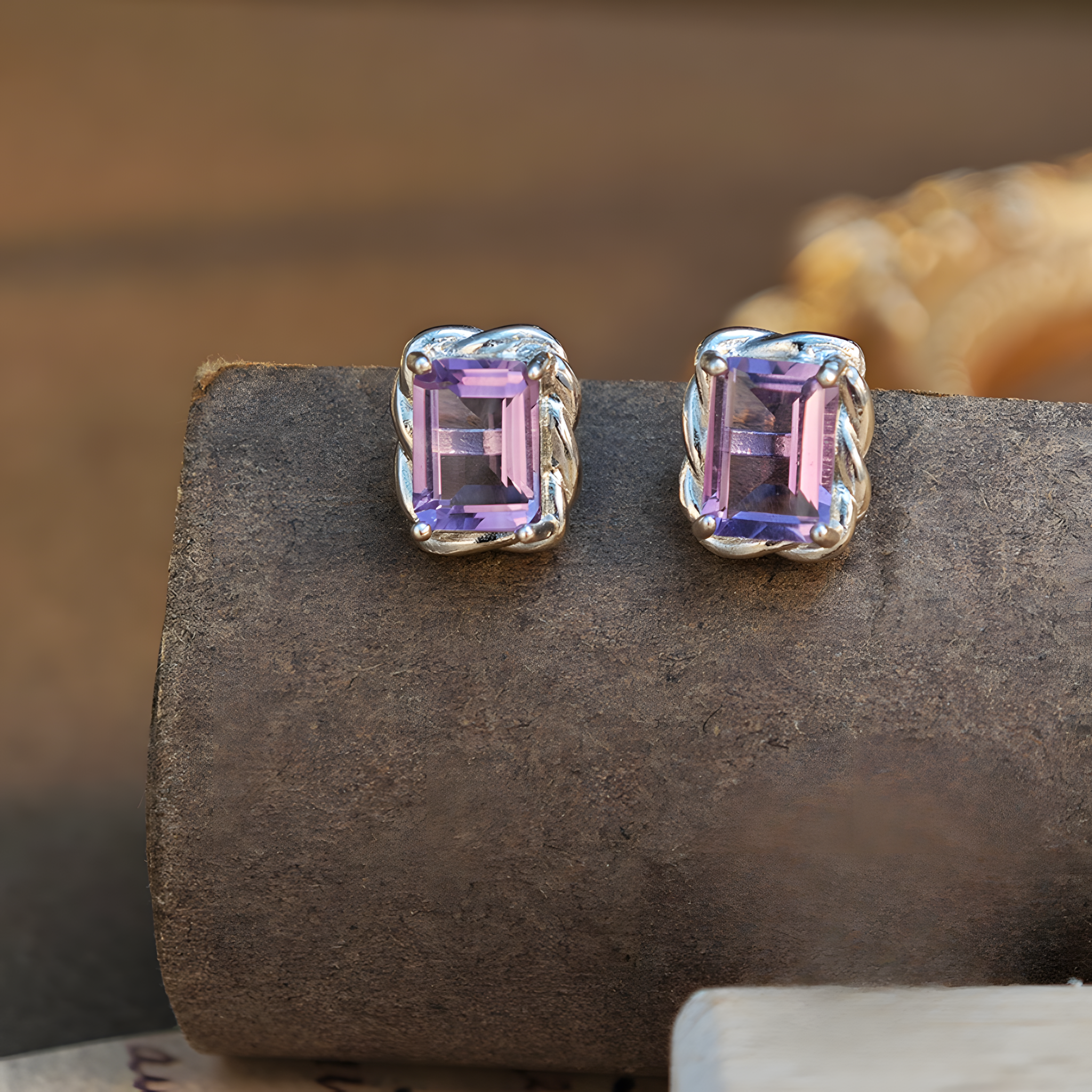 Square Amethyst S925 Silver Earrings Amorphous Four Claws Inlay Design