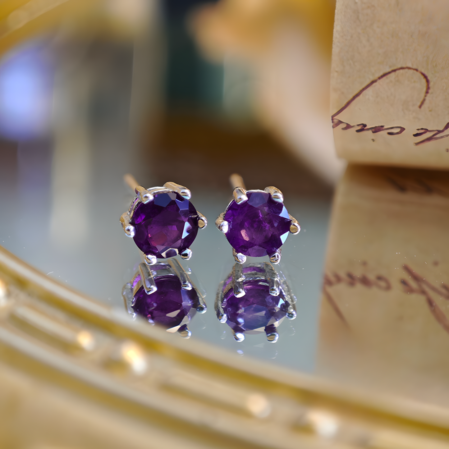 Faceted Amethyst S925 Silver Earrings Six Claws Stud Design