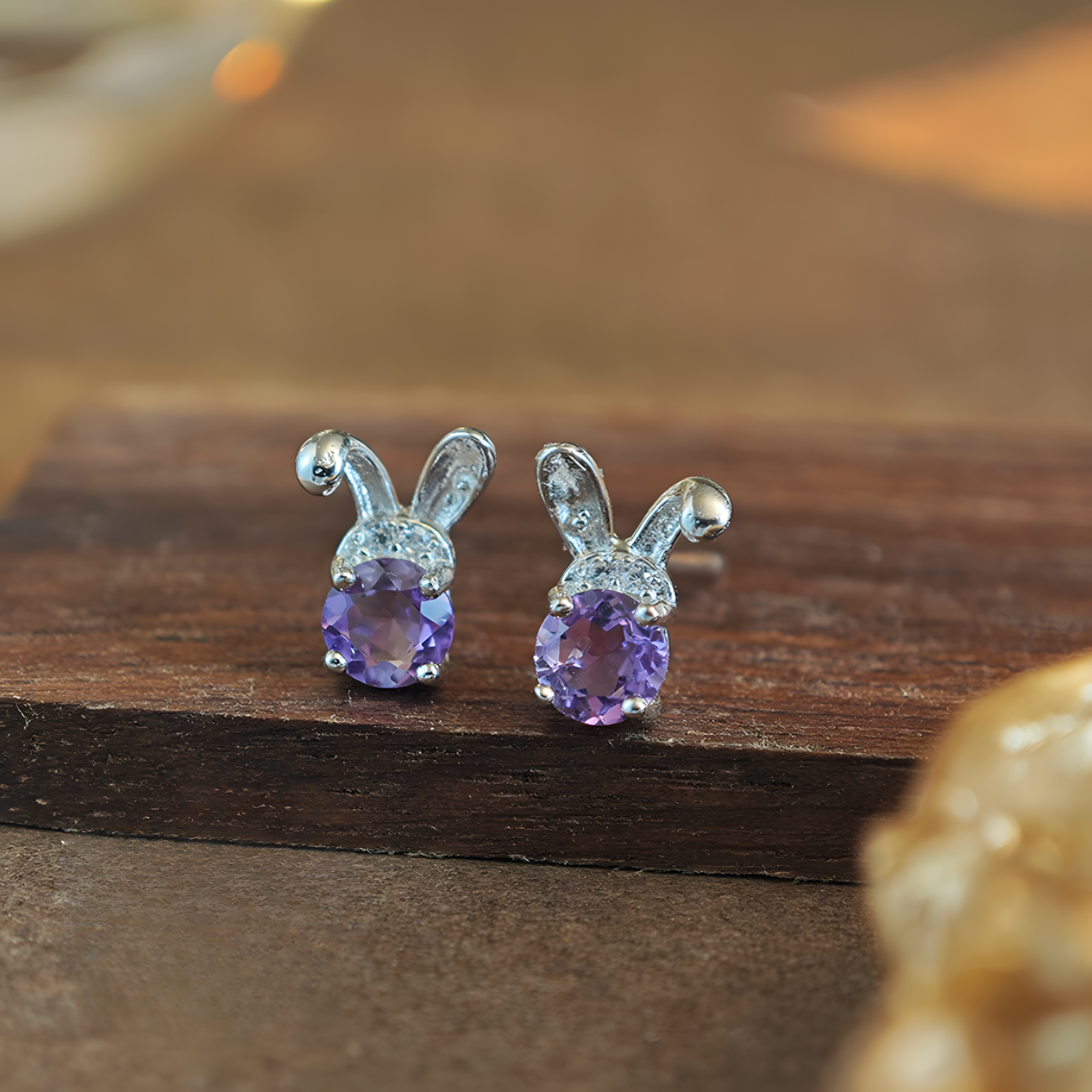 Round Faceted Amethyst S925 Silver Earrings Bunny Ears Design