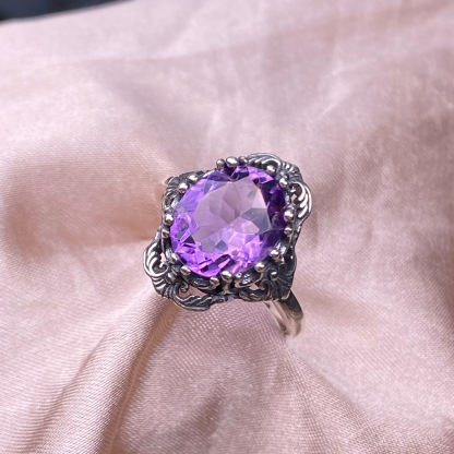 Amethyst S925 Inlaid Vintage Silver Lace With A Faced Natural Crystal Ring