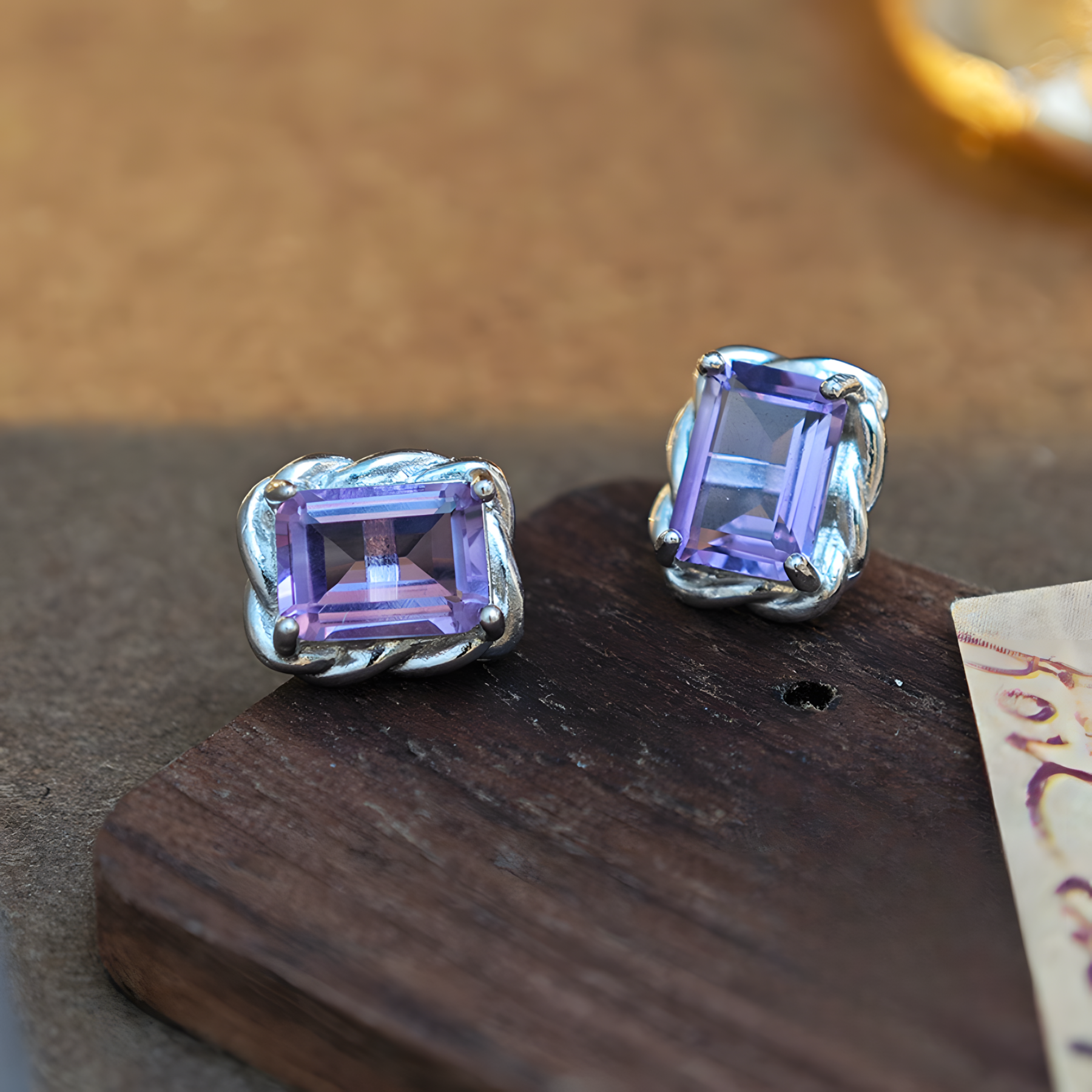 Square Amethyst S925 Silver Earrings Amorphous Four Claws Inlay Design