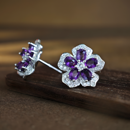Amethyst S925 Silver Earrings Plum Blossom Design