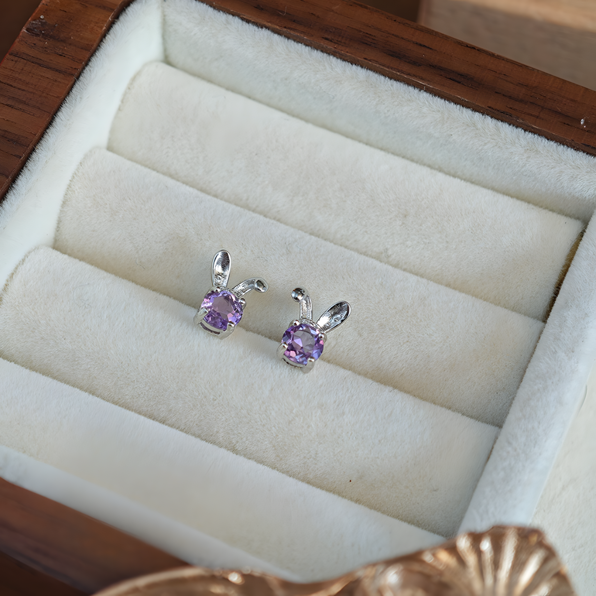 Round Faceted Amethyst S925 Silver Earrings Bunny Ears Design