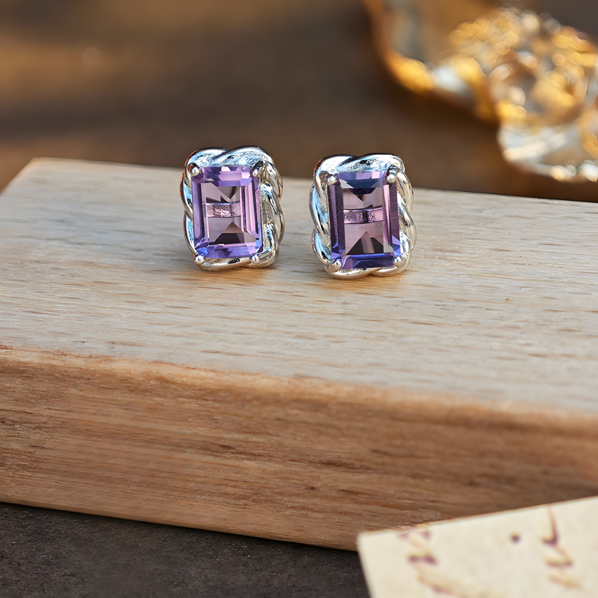 Square Amethyst S925 Silver Earrings Amorphous Four Claws Inlay Design