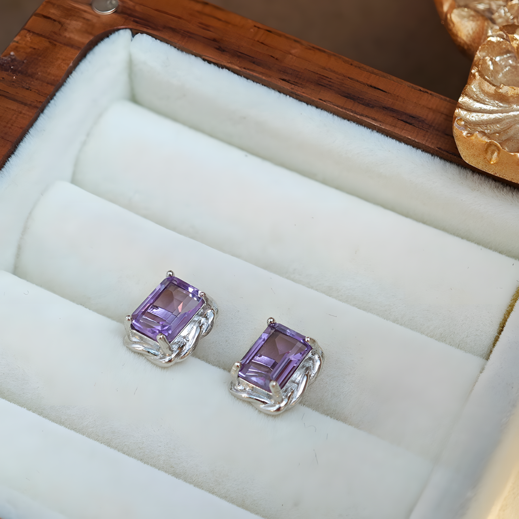 Square Amethyst S925 Silver Earrings Amorphous Four Claws Inlay Design
