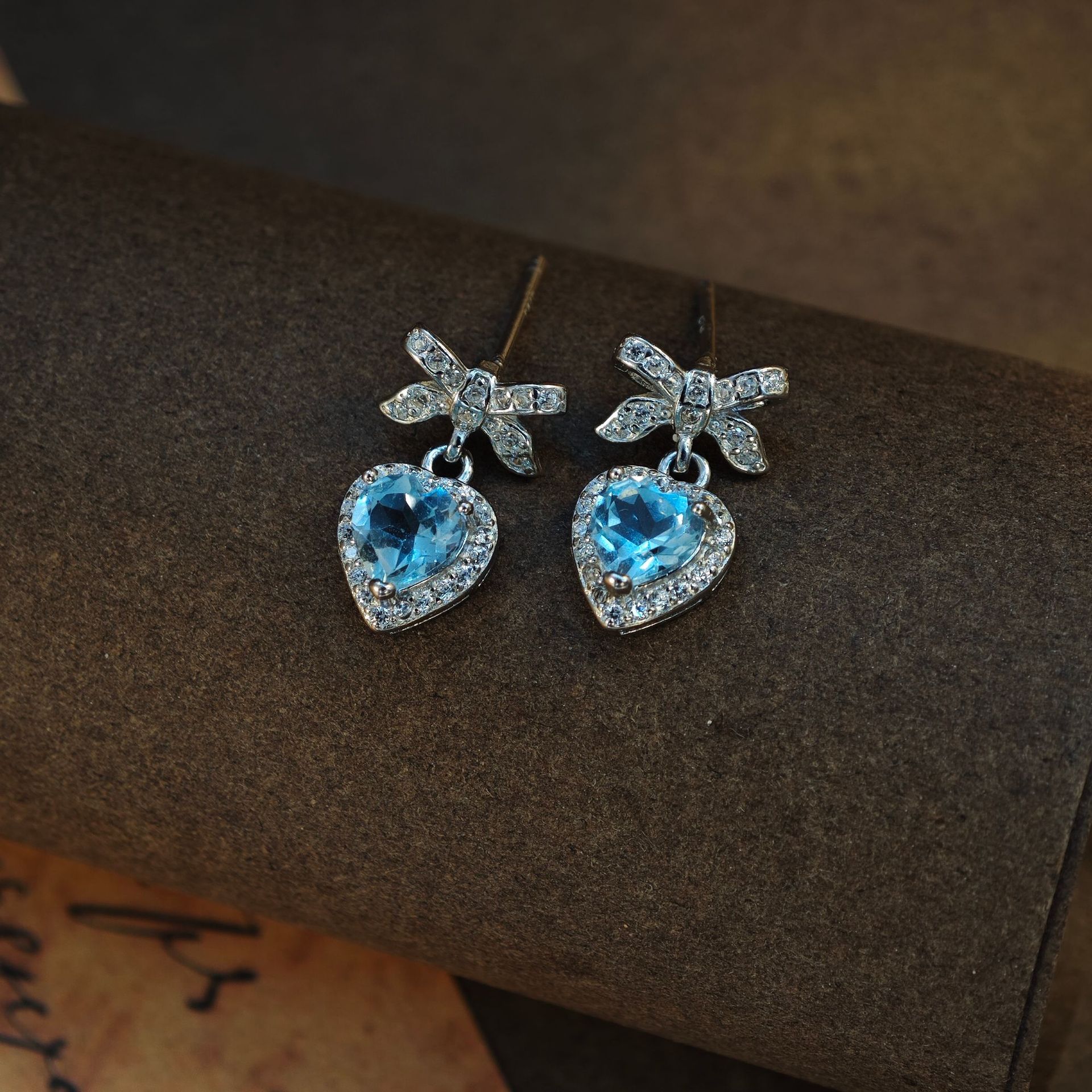 Blue Topaz S925 Sliver Earring Bowknot Heart Design