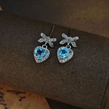 Blue Topaz S925 Sliver Earring Bowknot Heart Design