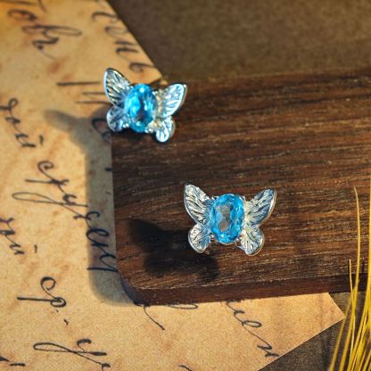 S925 Sliver Earring With Butterfly Design Inlay A Faced Natural Crystal Blue Topaz 