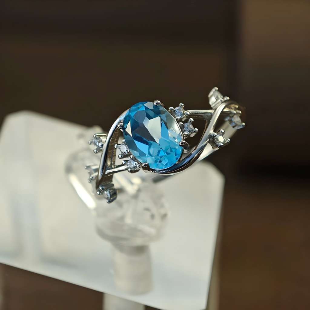 S925 Olive Branch Leaf Inlay Natural Blue Topaz Ring