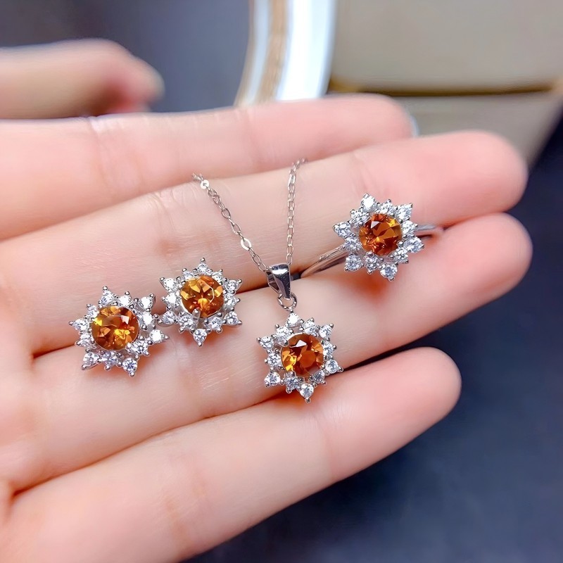 Faceted Citrine S925 Silver Ring / Earring / Necklace Snowflake Design
