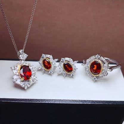 Mirror Flower Garnet S925 Silver Ring / Earring / Pendent / Necklace Natural Crystal Set