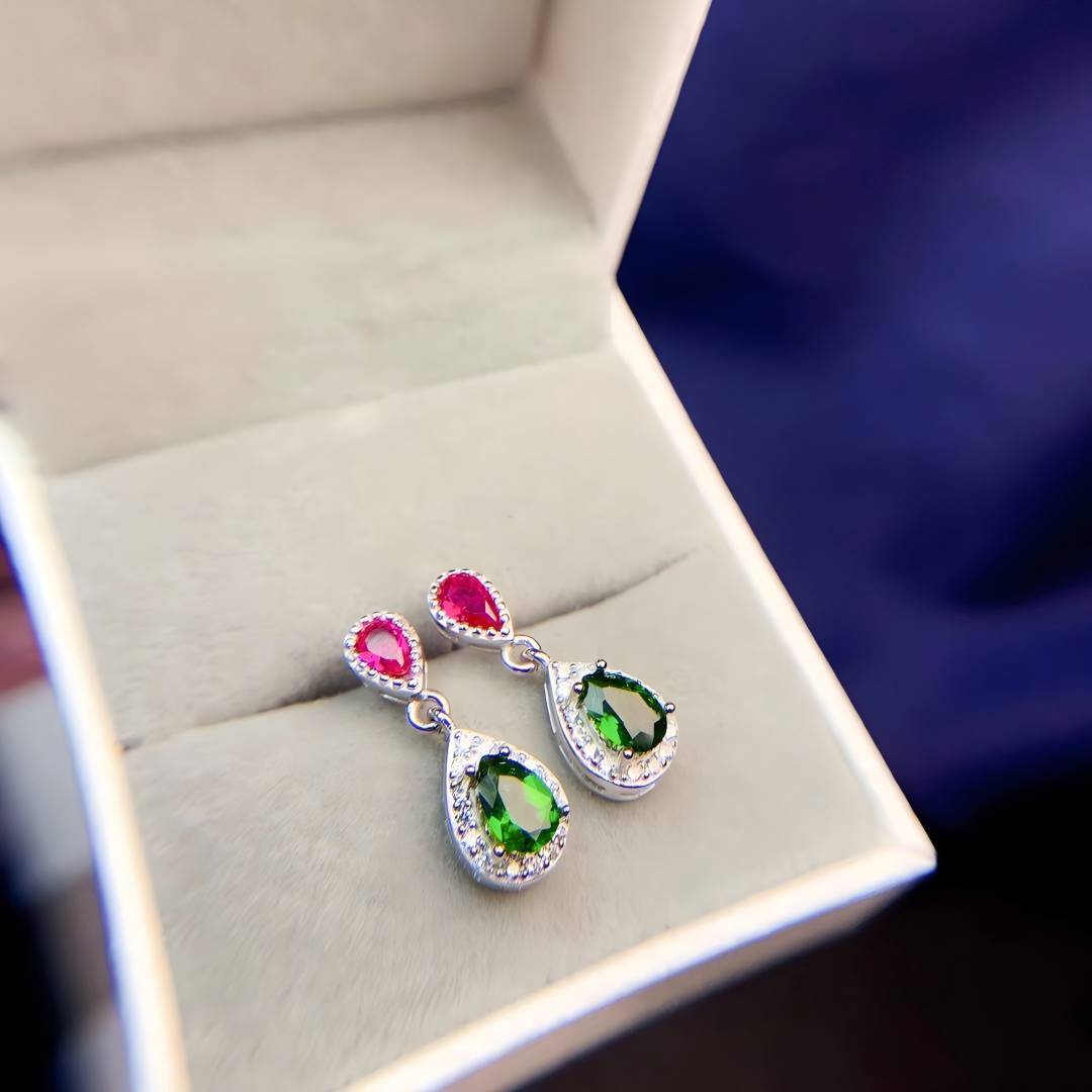 Double Water Drop Ruby Moonstone S925 Silver Earrings