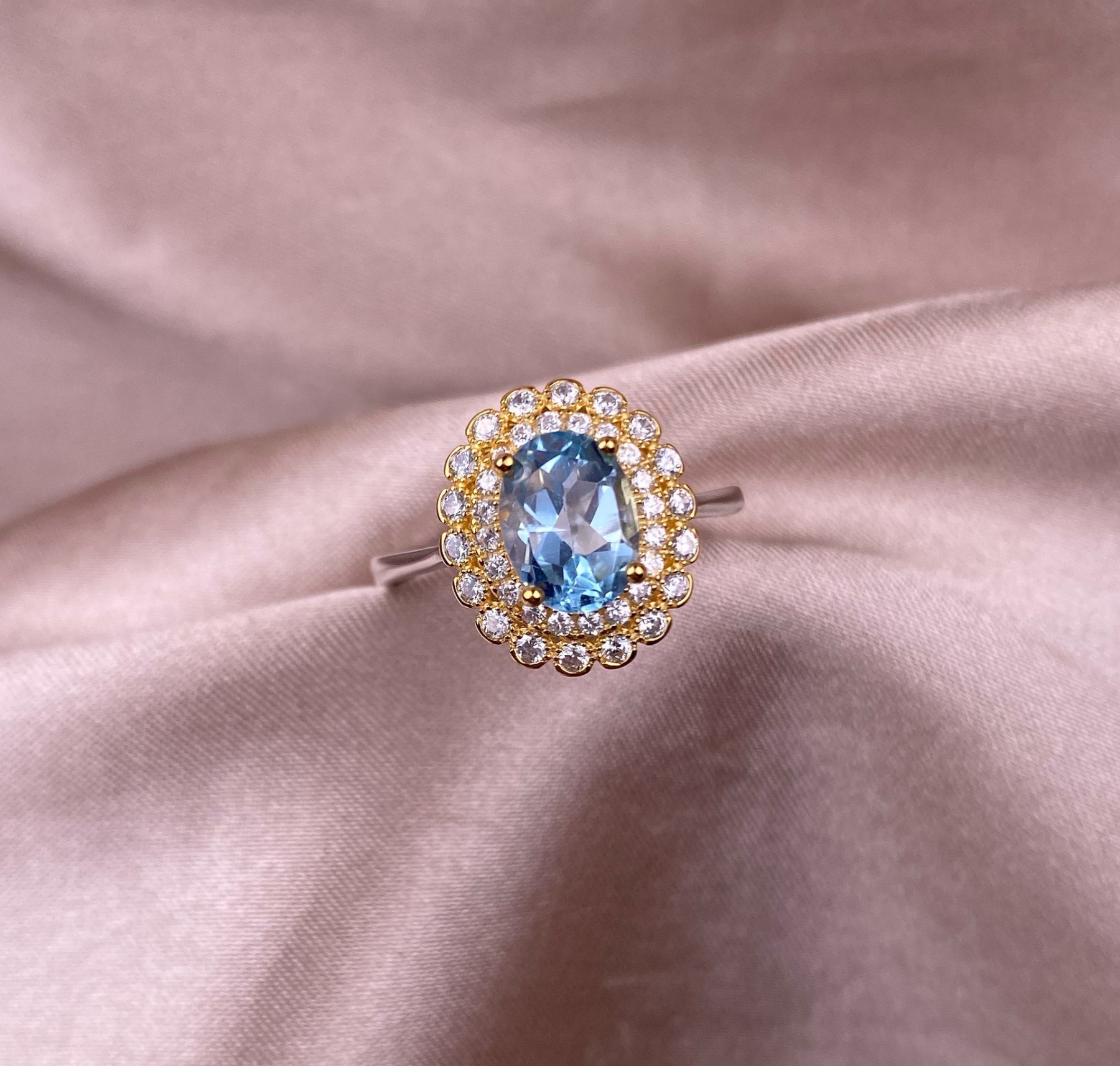 Swiss Blue Topaz S925 Sunflower Gold Side Sliver Ring Band