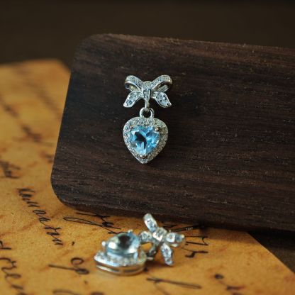 Blue Topaz S925 Sliver Earring Bowknot Heart Design
