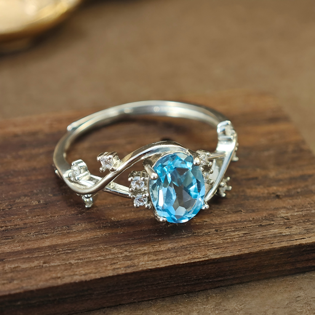 S925 Olive Branch Leaf Inlay Natural Blue Topaz Ring