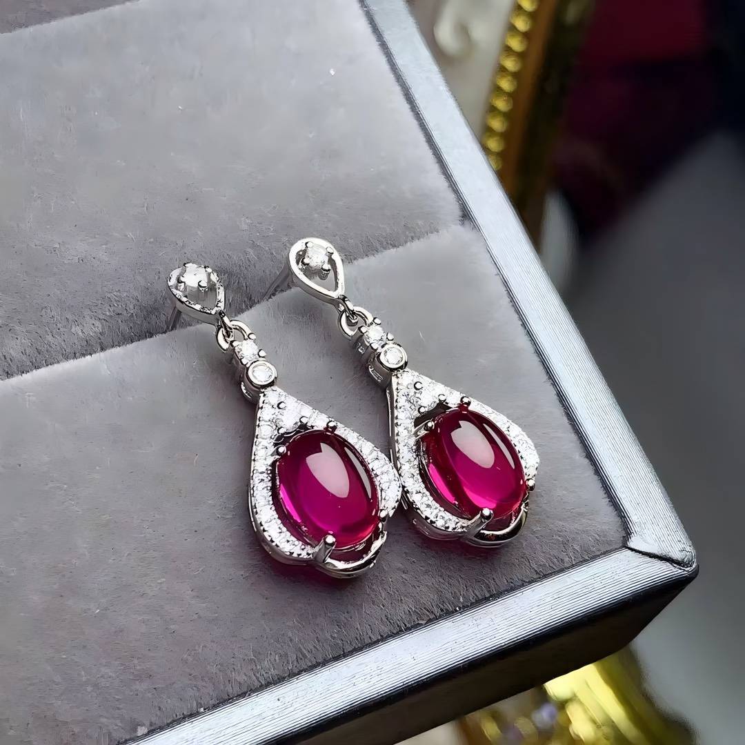 S925 Oval Egg Surface Garnet Silver / Rose Gold Earring