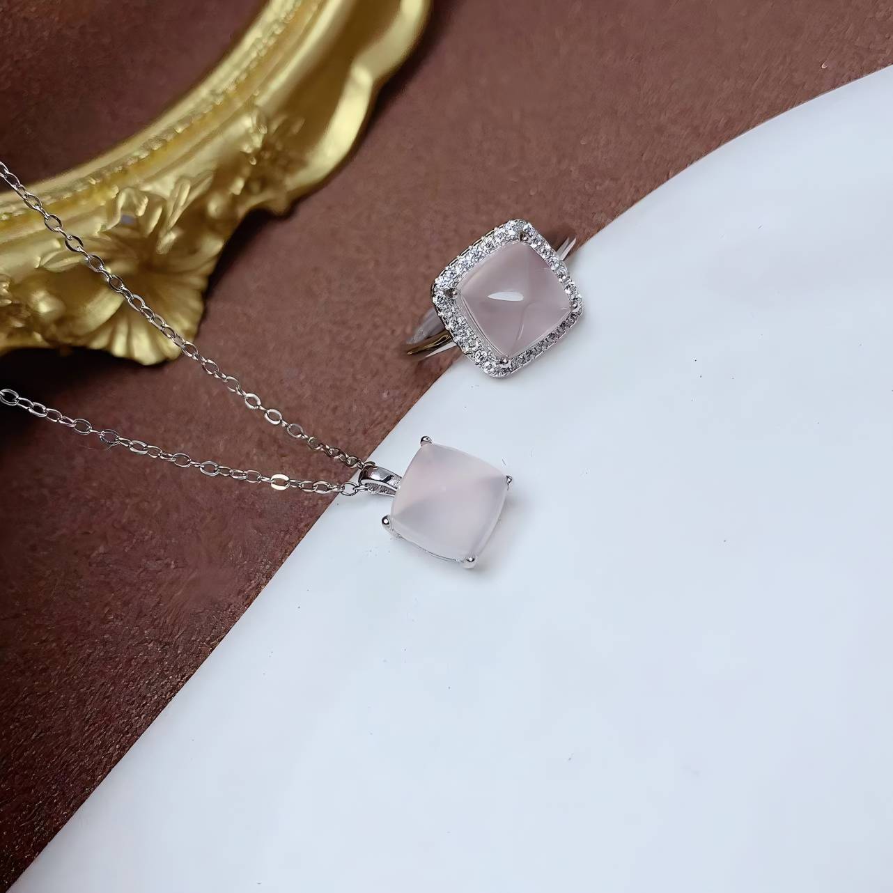 Square Rose Quartz S925 Silver Ring / Pendent Four Claws Design
